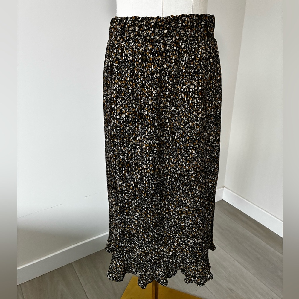 Pleione Black Floral Midi Micro Pleated Skirt with Ruffle Hem